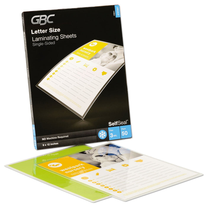 GBC SelfSeal Self-Adhesive Laminating Pouches and Single-Sided Sheets, 3 mil, 9" x 12", Gloss Clear, 50/Pack