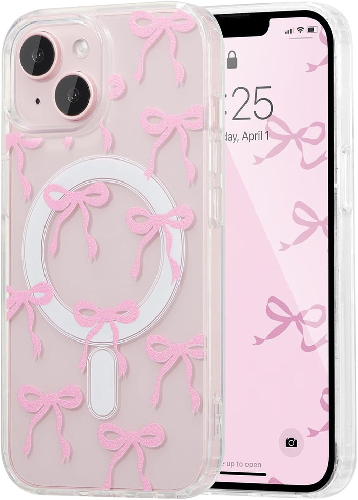 Magnetic Bow Case for iPhone 14 & 13 Pink Slim Clear by Merch Section