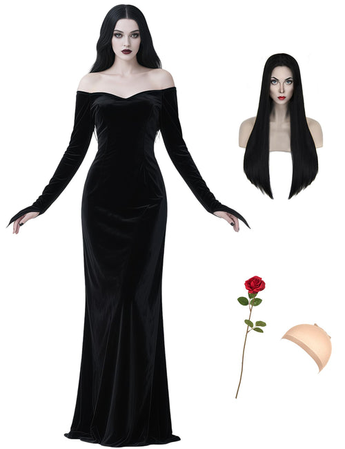QUJQOM Halloween Gothic Dress Black V-neck Red Rose Wig Size L by Deal US
