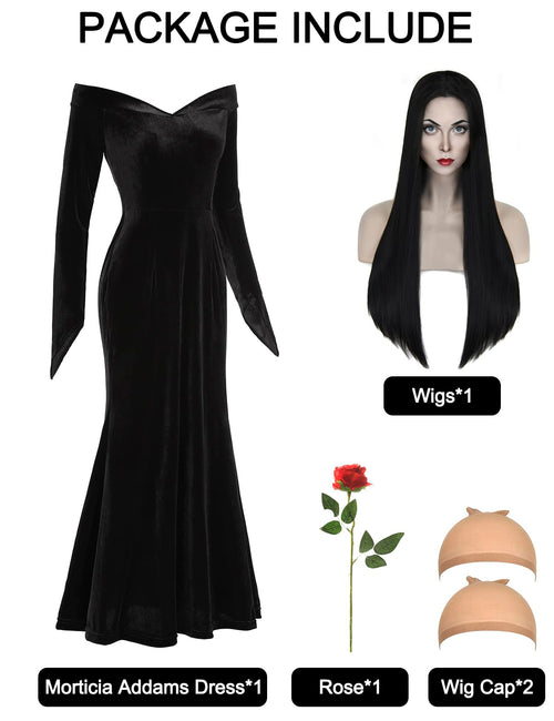 QUJQOM Halloween Gothic Dress Black V-neck Red Rose Wig Size L by Deal US