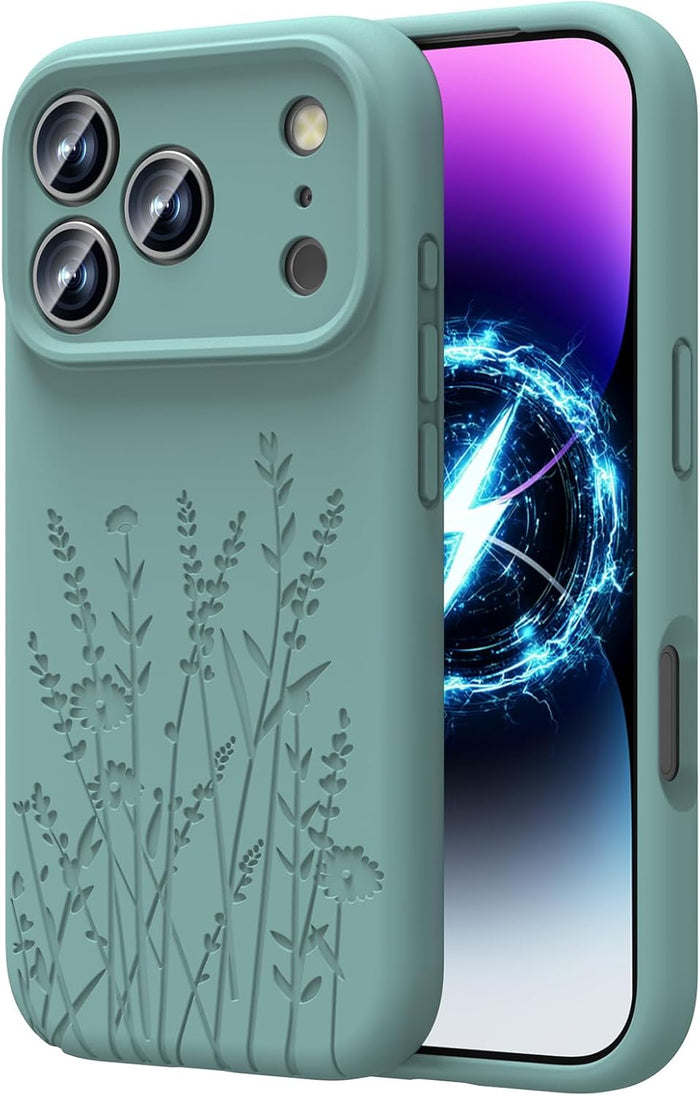Midnight Green Flower Case for iPhone 17 Pro Slim Liquid Silicone MagSafe Compatible by Merch Section