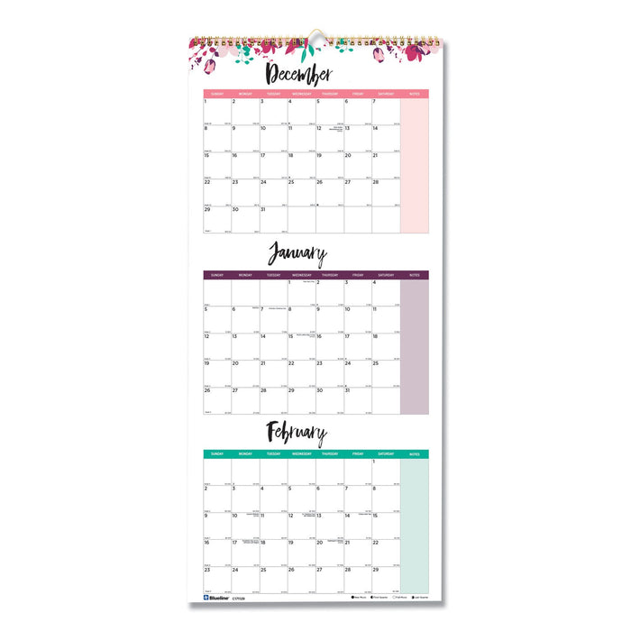 Blueline 3-Month Wall Calendar, Colorful Leaves Artwork, 12.25 x 27, White/Multicolor Sheets, 12-Month (Jan to Dec): 2023