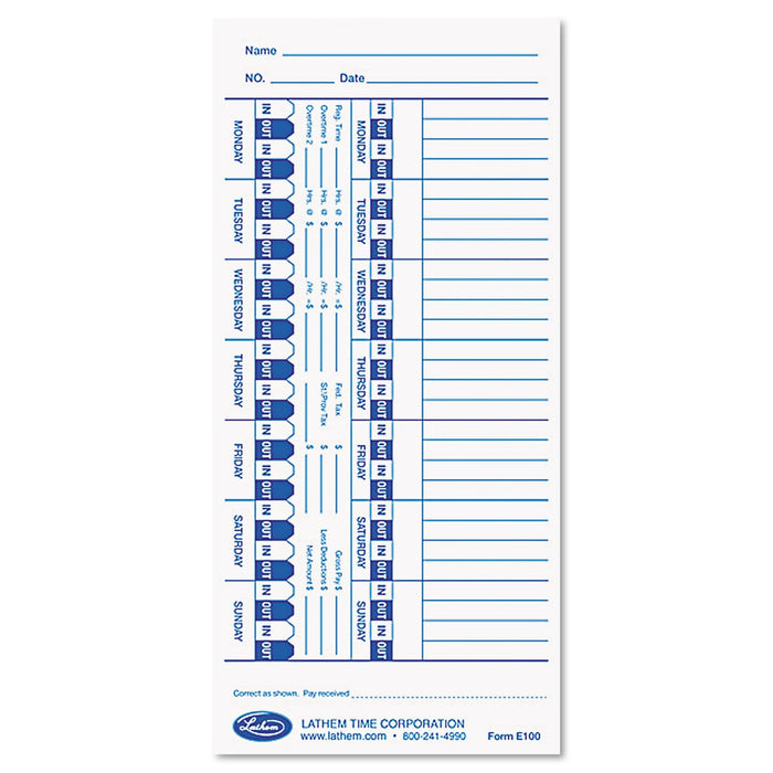 Lathem Time Clock Cards for Lathem Time E Series, One Side, 4 x 9, 100/Pack