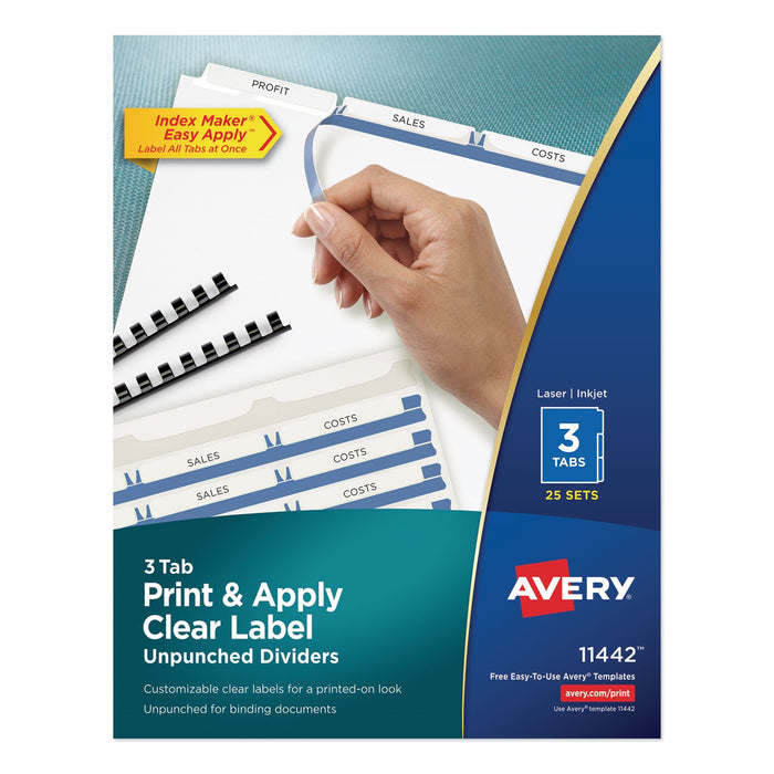 Avery Print and Apply Index Maker Clear Label Unpunched Dividers, 3-Tab, 11 x 8.5, White, 25 Sets