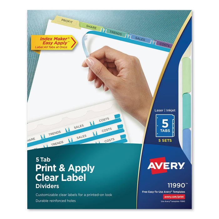 Avery Print and Apply Index Maker Clear Label Dividers, 5-Tab, Color Tabs, 11 x 8.5, White, Contemporary Color Tabs, 5 Sets