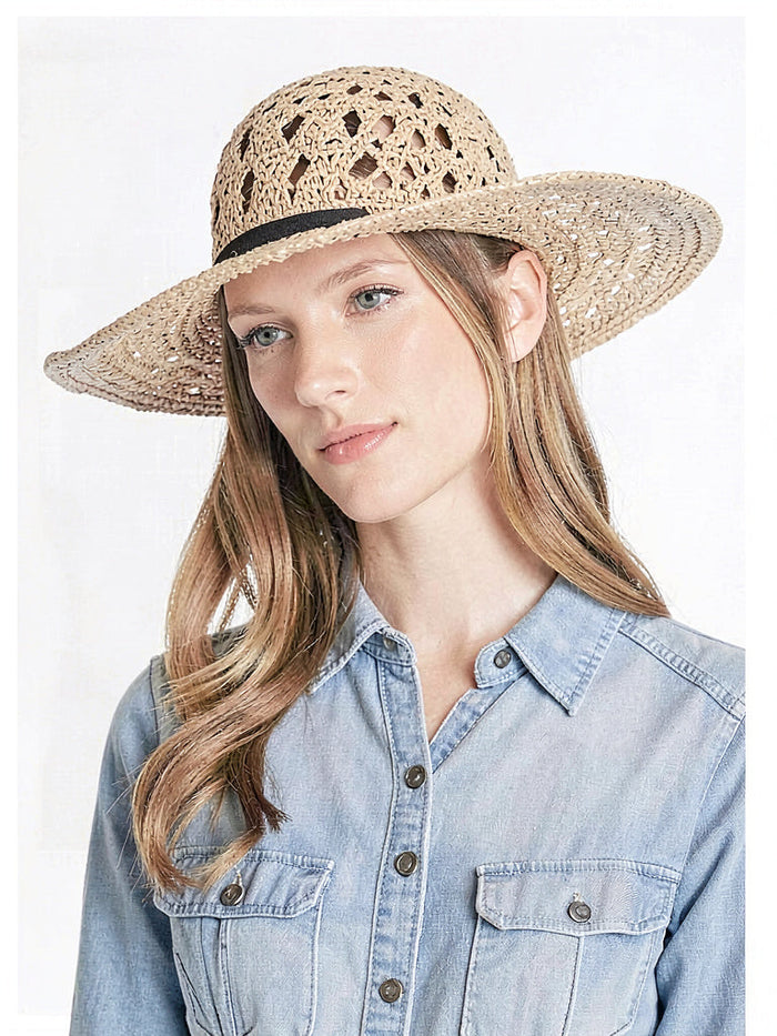 Aqua Filippo Catarzi Womens Open Weave Macramé Straw Floppy Sun Hat Band Natural by Vanessa Jane