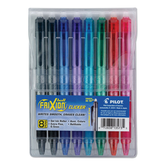 Pilot FriXion Clicker Erasable Gel Pen, Retractable, Extra-Fine 0.5 mm, Assorted Ink and Barrel Colors, 8/Pack