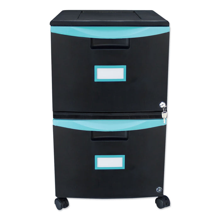 Storex Two-Drawer Mobile Filing Cabinet, 2 Legal/Letter-Size File Drawers, Black/Teal, 14.75" x 18.25" x 26"