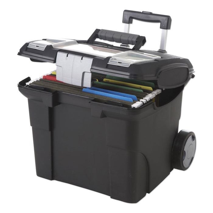 Storex Premium Mobile File Transport Box with Telescoping Handle and Organizer Tray, Letter Files, 15" x 16.38" x 14.25", Black/Gray