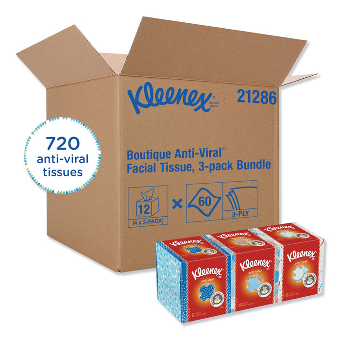 Kleenex Boutique Anti-Viral Facial Tissue, 3-Ply, White, Pop-Up Box, 60 Sheets/Box, 3 Boxes/Pack, 4 Packs/Carton