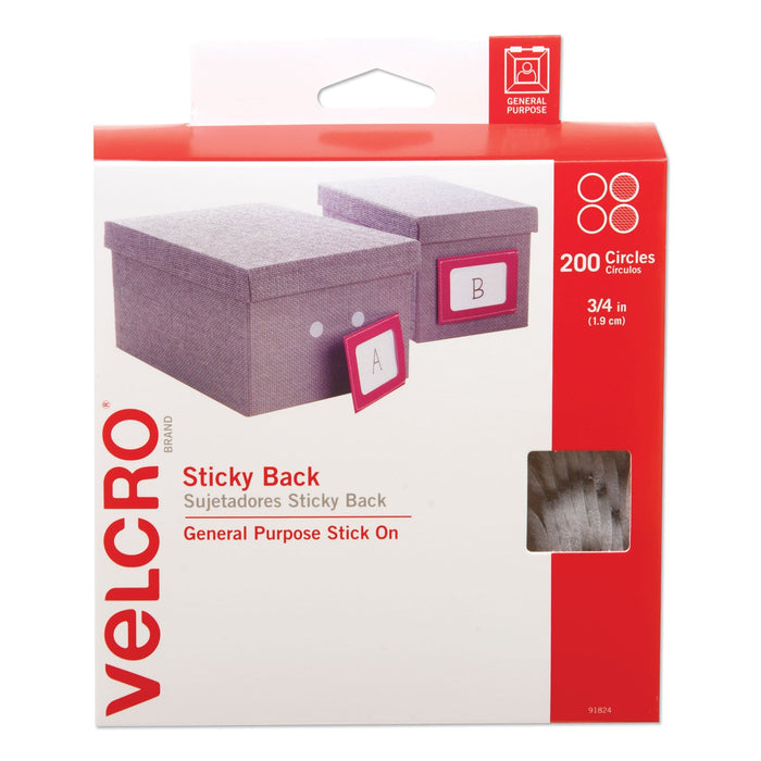VELCRO Sticky-Back Fasteners, Removable Adhesive, 0.75" dia, White, 200/Box