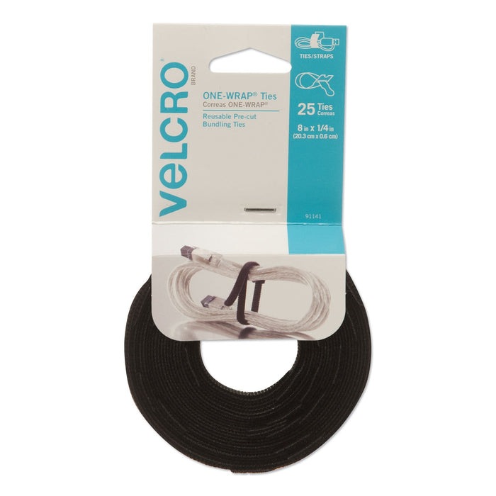 VELCRO ONE-WRAP Pre-Cut Thin Ties, 0.25" x 8", Black, 25/Pack