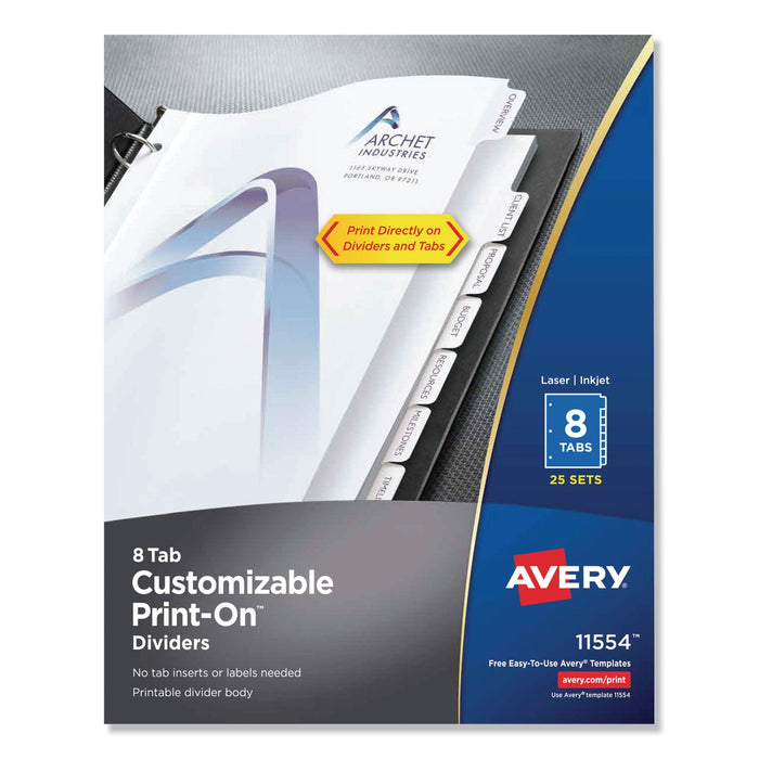 Avery Customizable Print-On Dividers, 3-Hole Punched, 8-Tab, 11 x 8.5, White, 25 Sets