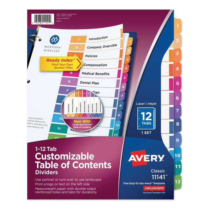 Avery Customizable TOC Ready Index Multicolor Tab Dividers, 12-Tab, 1 to 12, 11 x 8.5, White, Traditional Color Tabs, 1 Set
