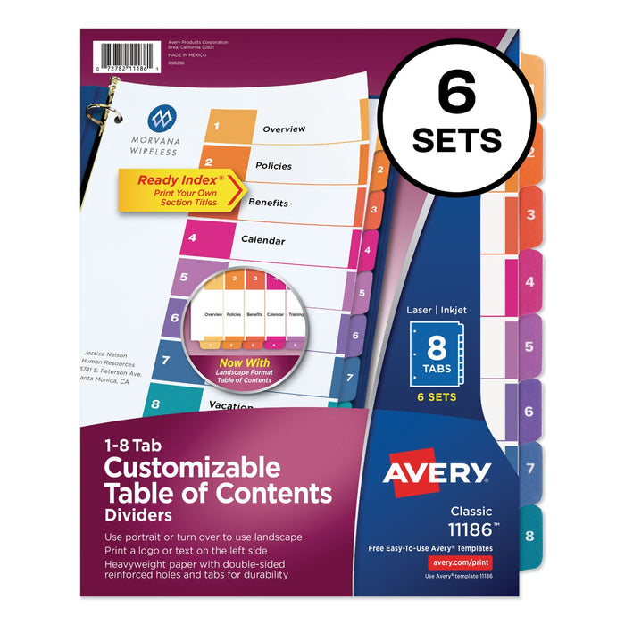 Avery Customizable TOC Ready Index Multicolor Tab Dividers, 8-Tab, 1 to 8, 11 x 8.5, White, Traditional Color Tabs, 6 Sets
