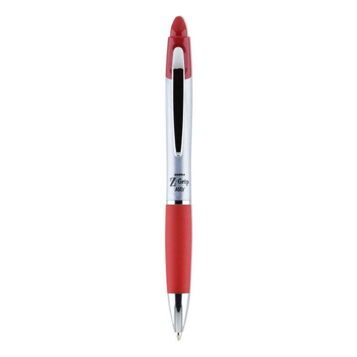 Zebra Z-Grip MAX Ballpoint Pen, Retractable, Medium 1 mm, Red Ink, Silver Barrel, 12/Pack