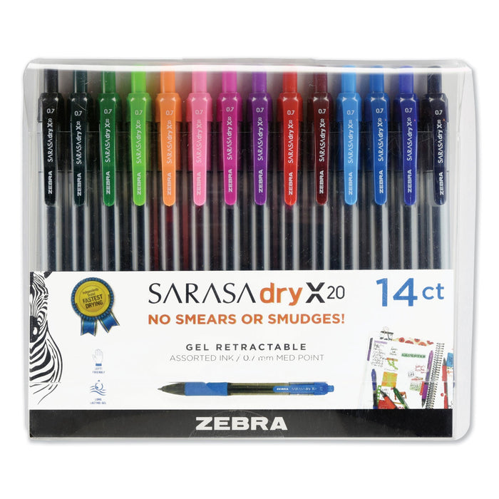Zebra Sarasa Dry Gel X20 Gel Pen, Retractable, Medium 0.7 mm, Assorted Ink and Barrel Colors, 14/Pack