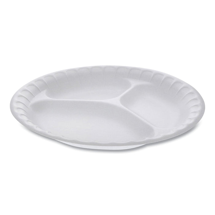 Pactiv Evergreen Placesetter Satin Non-Laminated Foam Dinnerware, 3-Compartment Plate, 9" dia, White, 500/Carton