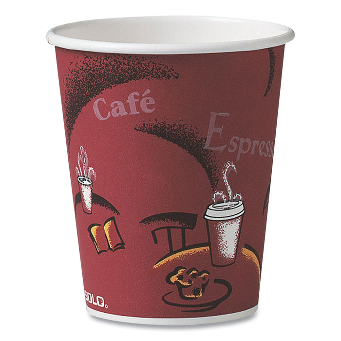 Dart Solo Paper Hot Drink Cups in Bistro Design, 10 oz, Maroon, 1,000/Carton