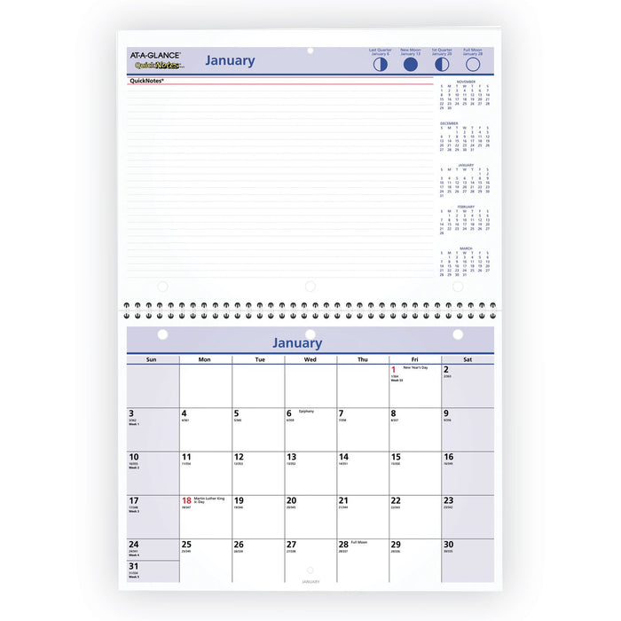 AT-A-GLANCE QuickNotes Desk/Wall Calendar, 3-Hole Punched, 11 x 8, White/Blue/Yellow Sheets, 12-Month (Jan to Dec): 2023