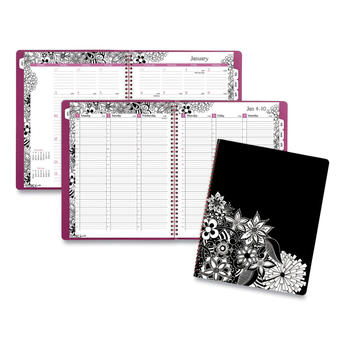 Cambridge Floradoodle Weekly/Monthly Professional Planner, Adult Coloring Artwork, 11 x 8.5, B/W Cover, 12-Month (Jan-Dec): 2023-2024