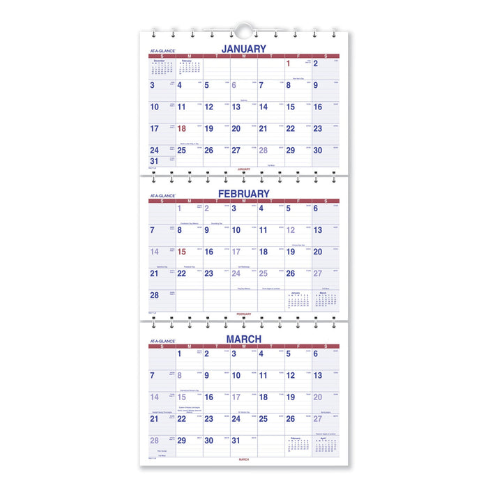 AT-A-GLANCE Move-A-Page Three-Month Wall Calendar, 12 x 27, White/Red/Blue Sheets, 15-Month (Dec to Feb): 2022 to 2024