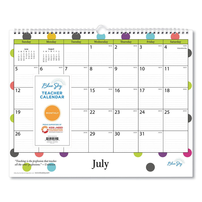 Blue Sky Academic Wall Calendar, Teacher Dots Artwork/Formatting, 15 x 12, White/Multicolor Sheets, 12-Month (July-June): 2021-2022