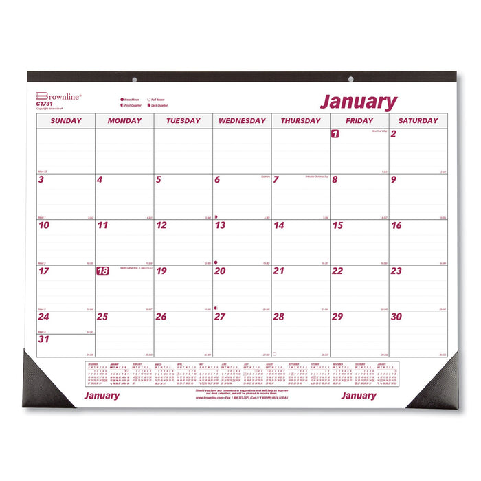 Brownline Monthly Desk Pad Calendar, 22 x 17, White/Burgundy Sheets, Black Binding, Black Corners, 12-Month (Jan to Dec): 2023