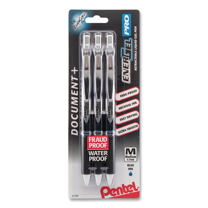 Pentel EnerGel PRO Gel Pen, Retractable, Medium 0.7 mm, Blue Ink, Black Barrel, 3/Pack