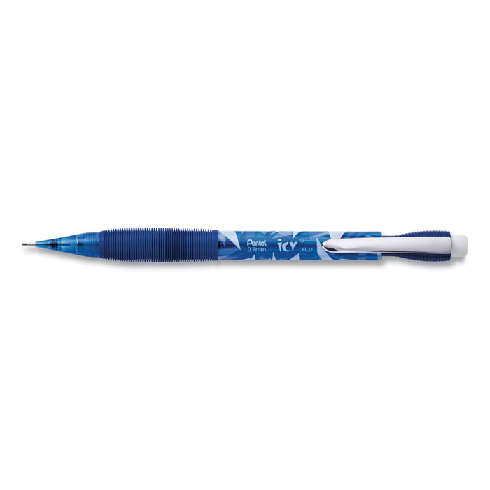 Pentel Icy Mechanical Pencil, 0.7 mm, HB (#2.5), Black Lead, Transparent Blue Barrel, Dozen