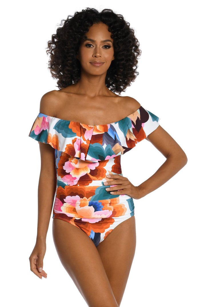 La Blanca Best Escape Off Shoulder Ruffle One Piece Swimsuit, Size 4 by Vanessa Jane