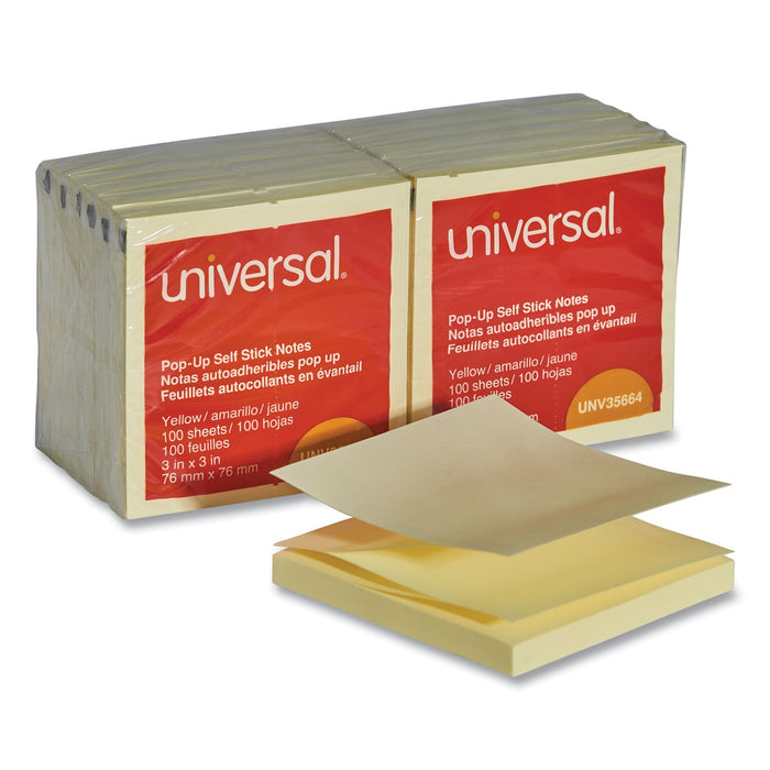 Universal Fan-Folded Self-Stick Pop-Up Note Pads, 3" x 3", Yellow, 100 Sheets/Pad, 12 Pads/Pack
