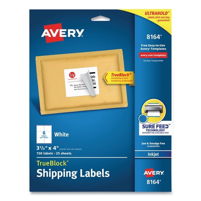 Avery Shipping Labels w/ TrueBlock Technology, Inkjet Printers, 3.33 x 4, White, 6/Sheet, 25 Sheets/Pack