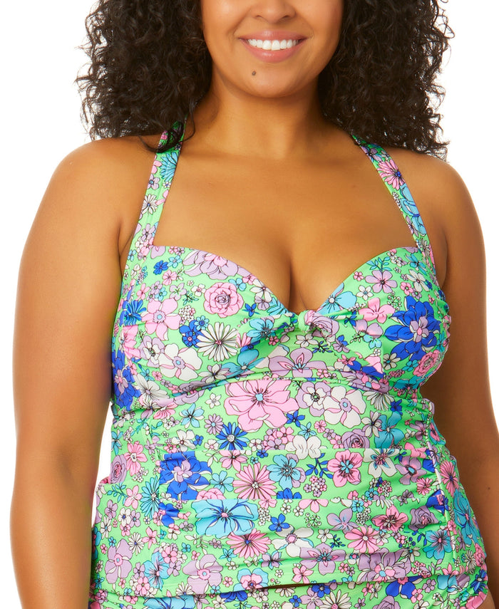 Salt + Cove Trendy Plus Size Peony Party Molded-Cup X-Back Tankini, Size 0X by Vanessa Jane
