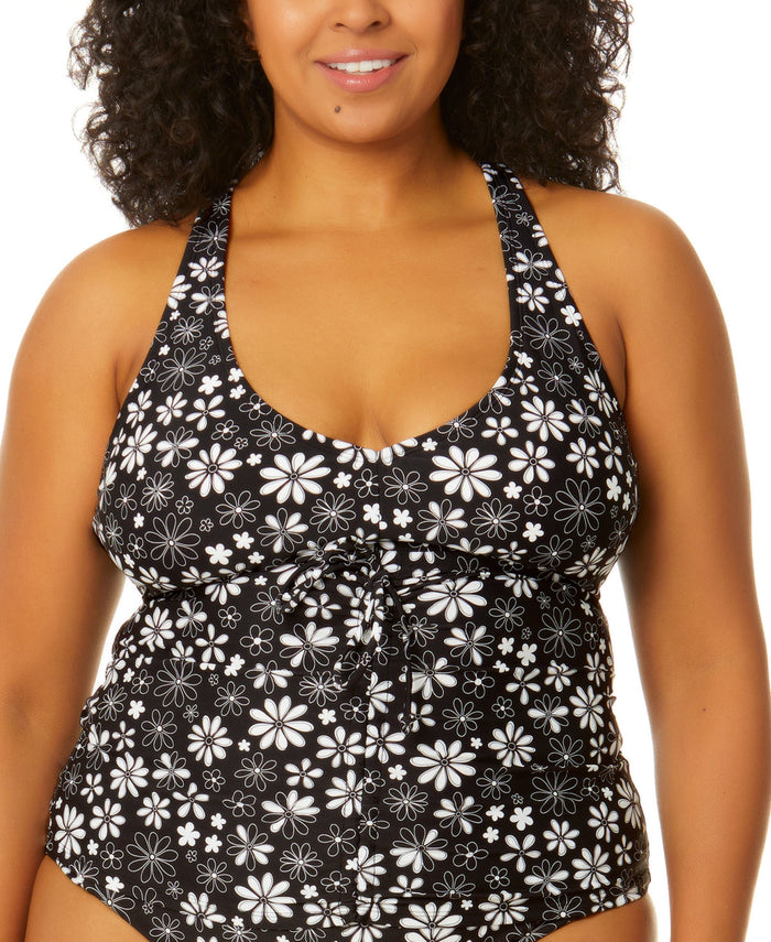 Salt + Cove Trendy Plus Size Coastal Fleurs Cinch-Front X-Back Tankini, 1X by Vanessa Jane