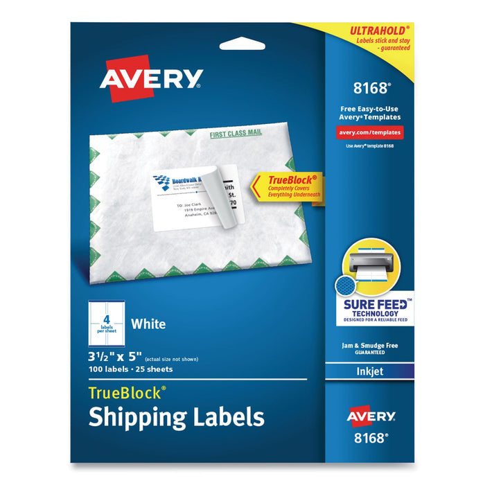 Avery Shipping Labels w/ TrueBlock Technology, Inkjet Printers, 3.5 x 5, White, 4/Sheet, 25 Sheets/Pack