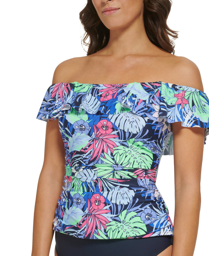 Tommy Hilfiger Womens Printed Ruffled Off-the-Shoulder Tankini Top , Size XS by Vanessa Jane