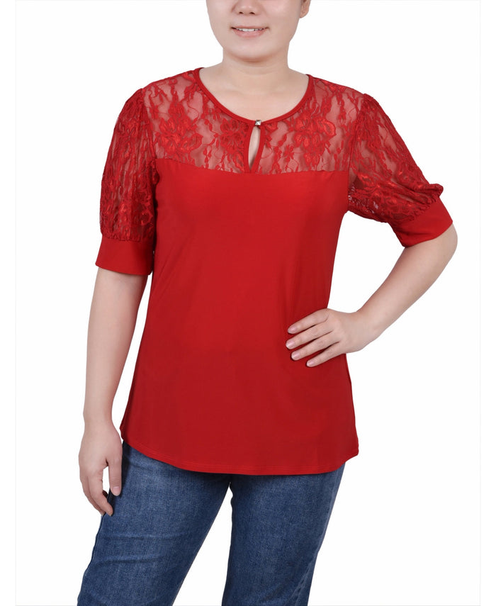 Ny Collection Womens Short Puff Sleeve Top with Lace Sleeves, Large by Vanessa Jane