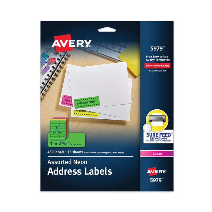 Avery High-Visibility Permanent Laser ID Labels, 1 x 2.63, Asst. Neon, 450/Pack