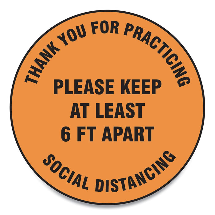 Accuform Slip-Gard Floor Signs, 12" Circle,"Thank You For Practicing Social Distancing Please Keep At Least 6 ft Apart", Orange, 25/PK