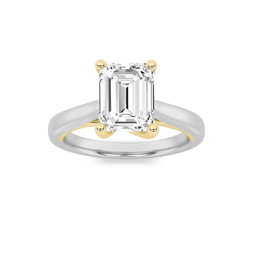 1.5Cttw Emerald Shaped Lab Grown Diamond Two Tone Cathedral Shank Engagement Solitaire Ring 14K Gold by Fine Color Jewels