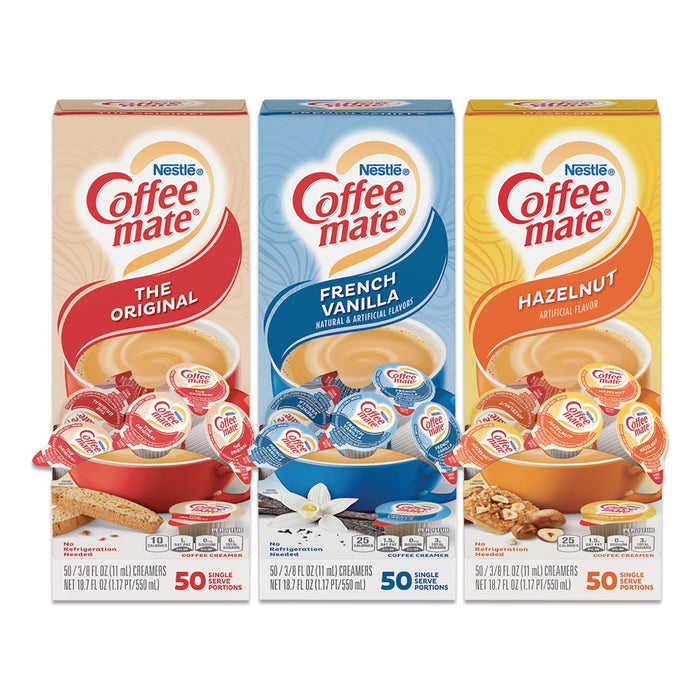 Coffee mate Liquid Coffee Creamer, French Vanilla/Hazelnut/Original, 0.38 oz Mini Cups, 150 Cups/Carton