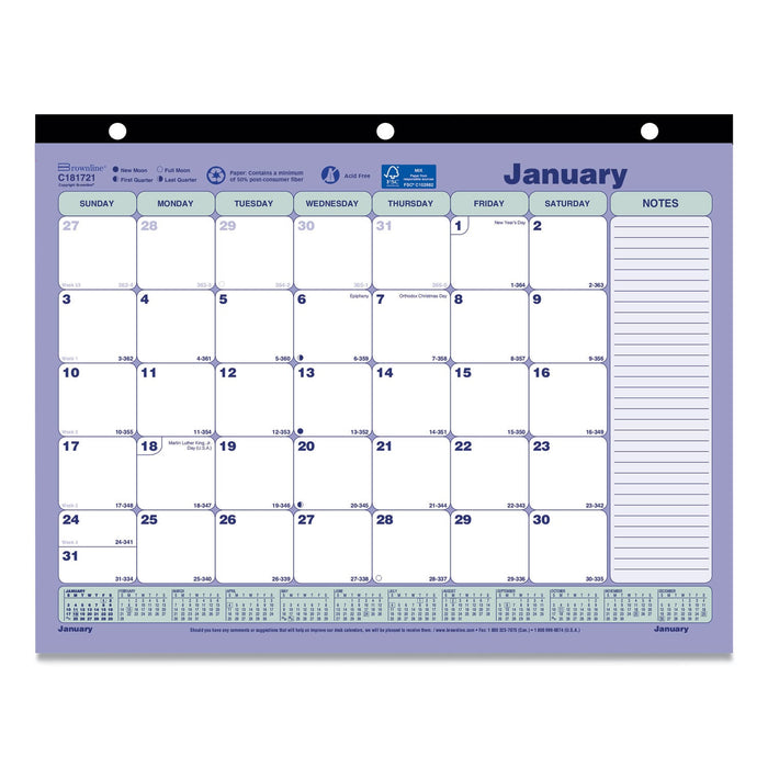 Brownline Monthly Desk Pad Calendar, 11 x 8.5, White/Blue/Green Sheets, Black Binding, 12-Month (Jan to Dec): 2023