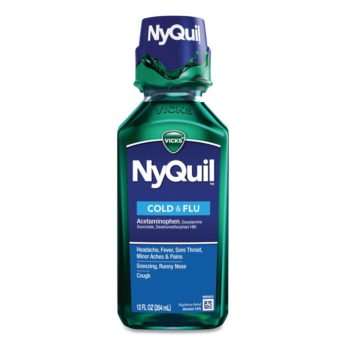Vicks NyQuil Cold and Flu Nighttime Liquid, 12 oz Bottle, 12/Carton