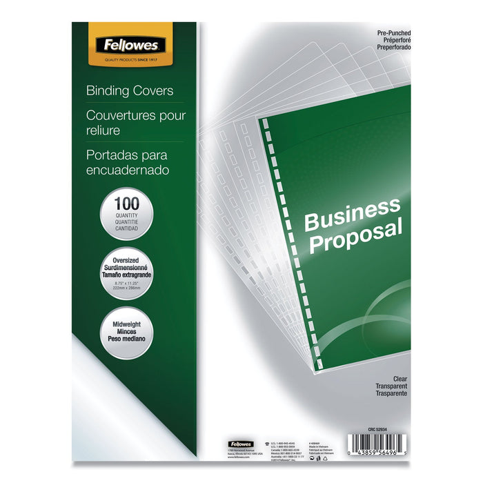 Fellowes Crystals Transparent Presentation Covers for Binding Systems, Clear, with Round Corners, 11.25 x 8.75, Punched, 100/Pack
