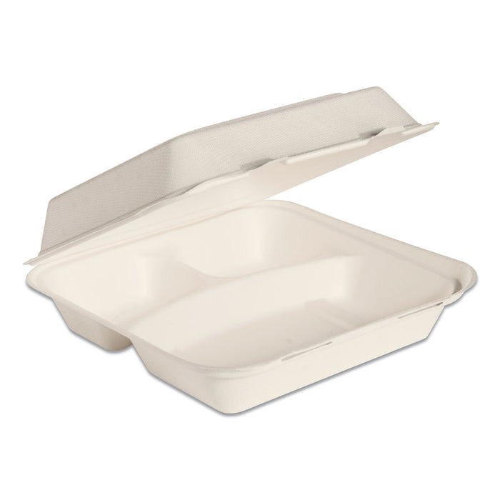 Dart Bare by Solo Eco-Forward Bagasse Hinged Lid Containers, 3-Compartment, 9.6 x 9.4 x 3.2, Ivory, Sugarcane, 200/Carton