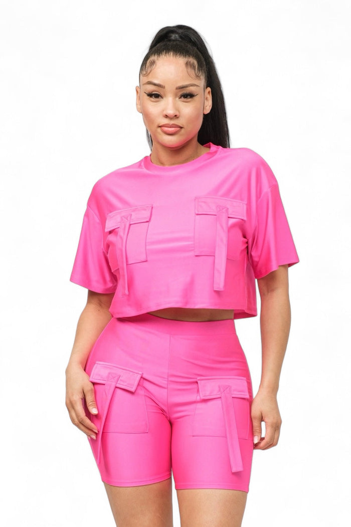 Front Pockets Detail Crop Top and Biker Shorts Set by The House of Stylez