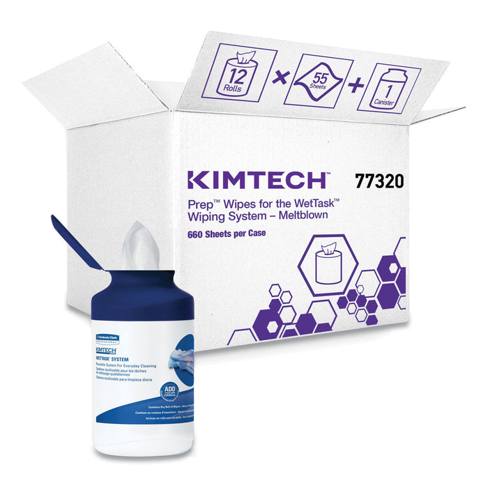Kimtech WetTask System Prep Wipers for Bleach/Disinfectants/Sanitizers Hygienic Enclosed System Refills, w/Canister, 55/Rl,12 Roll/Ct