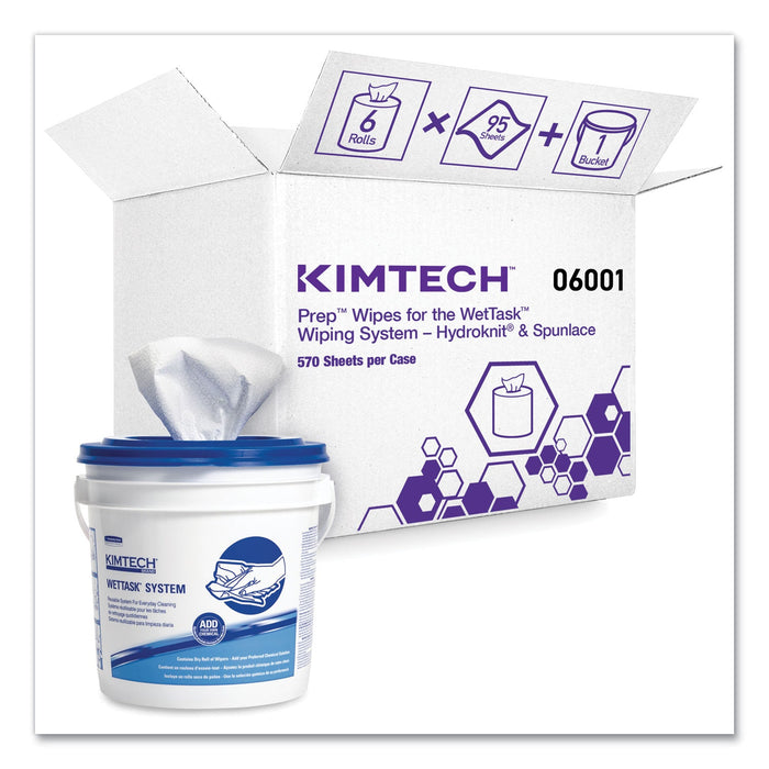 WypAll Power Clean Wipers for Solvents WetTask Customizable Wet Wiping System 12 x 6, Unscented, 95/Roll, 6 Rolls/1 Bucket/Carton