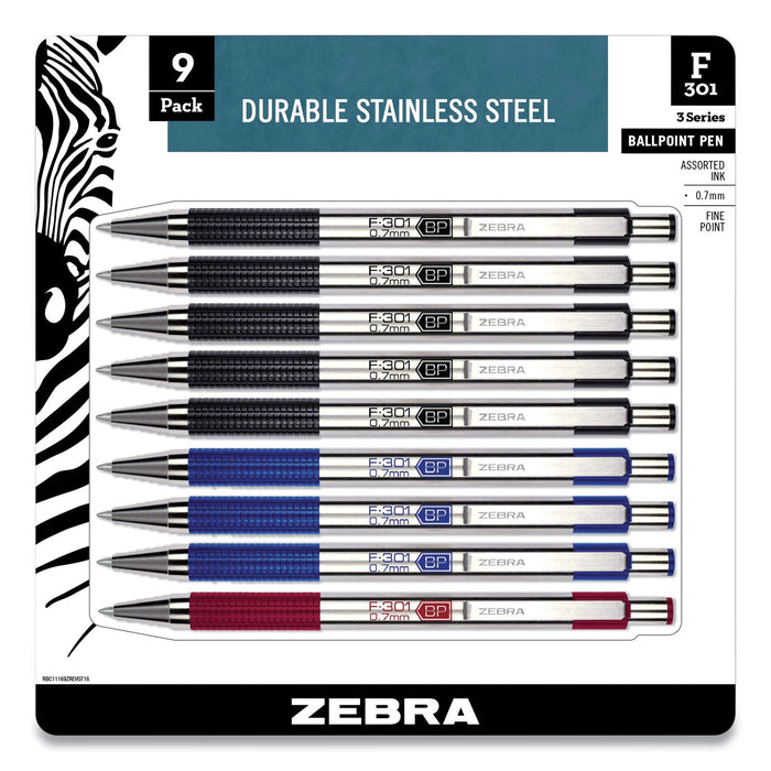 Zebra F-301 Ballpoint Pen, Retractable, Fine 0.7 mm, Assorted Ink and Barrel Colors, 9/Pack